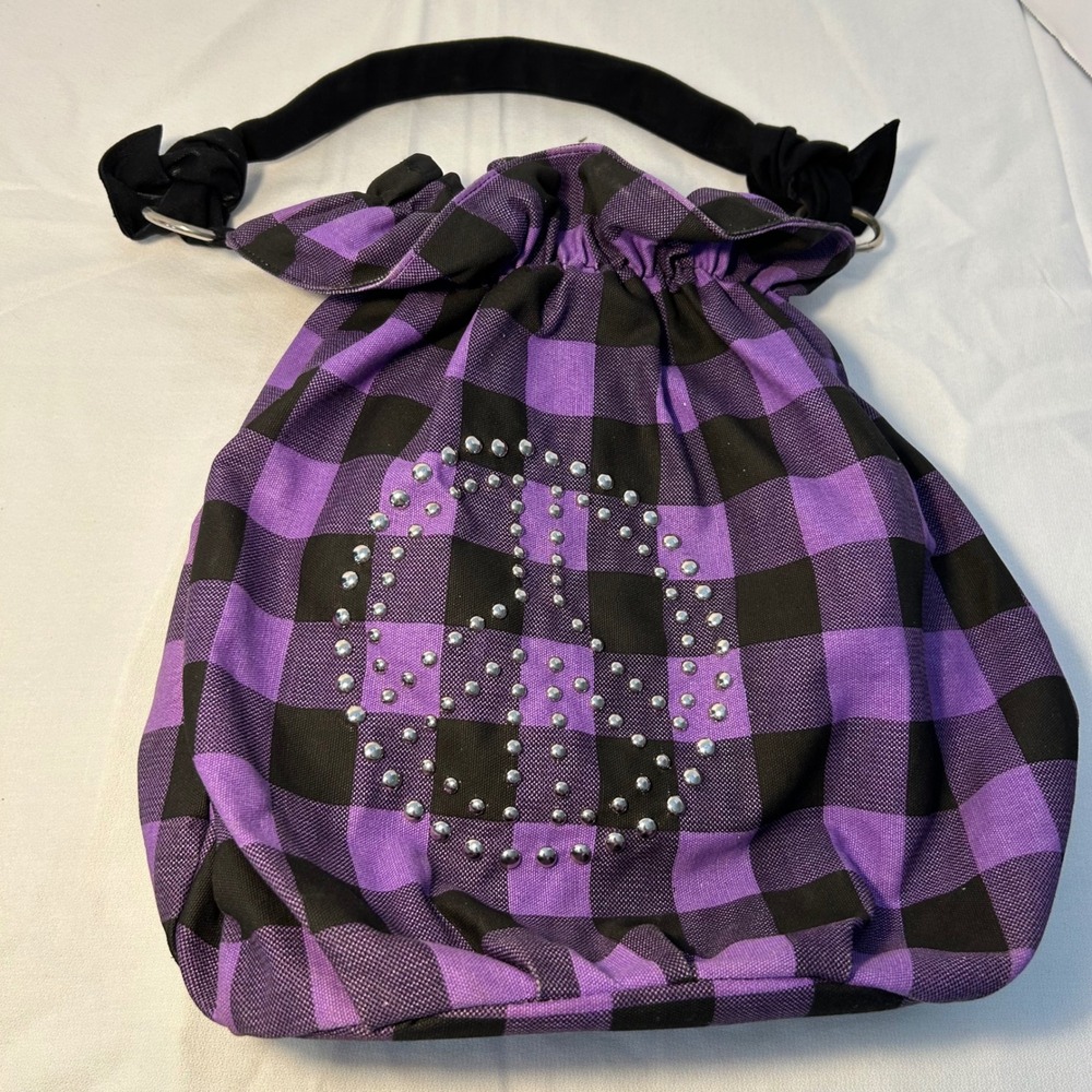 Purple Black Buffalo Plaid Peace Sign Embellished Drawstring‎ Bag Purse